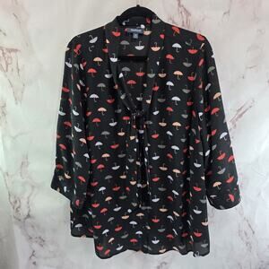 ModCloth Shirt Womens 2X Black Red Umbrella Button Up Long Blouse Mod Cloth